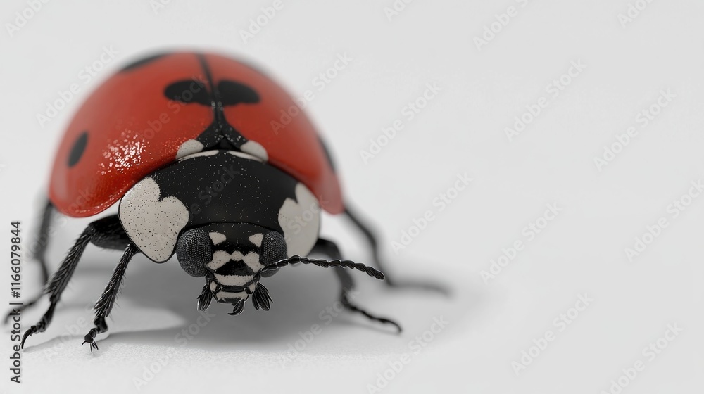 Poster a ladybug photographed up close on a white surface, ideal for use in educational or scientific conte