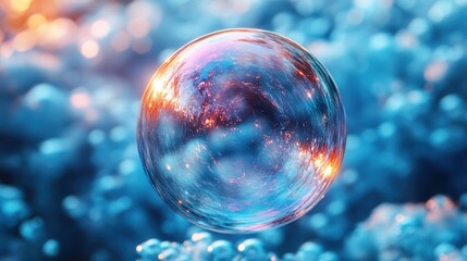 Glowing orb, vibrant blue, orange reflections.