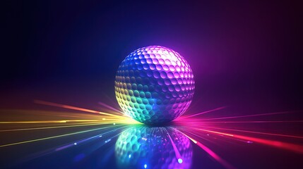 Glowing iridescent golf ball with vibrant light trails.