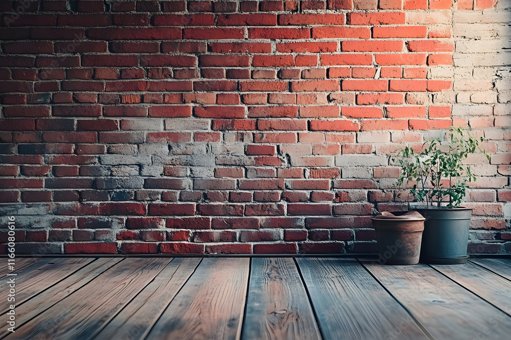Poster stock photo features a rustic background with a red brick wall texture and a wooden floor, creating 