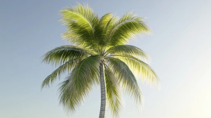 Obraz premium A palm tree stands tall on a sandy beach, backed by a bright blue sky