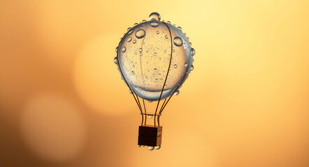 Hot air balloon made with a big drop of water on a yellow background, Fragility of dreams, copy-space