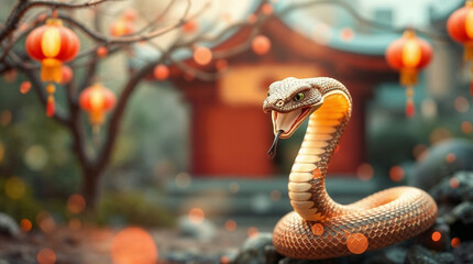 Snake with Chinese landscape in the background. Chinese style. Copy-space