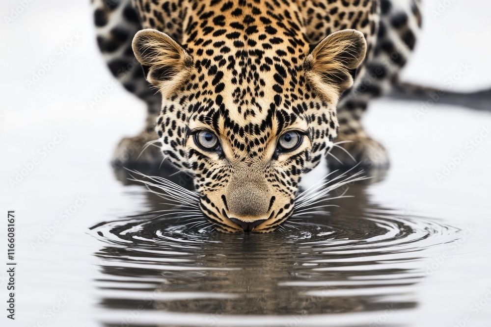 Aufkleber A close-up view of a leopard drinking from the water's edge, with its tongue extended and eyes closed