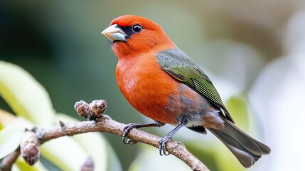 A colorful bird sitting on a tree branch, with bright red and green plumage