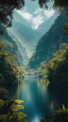 Serene Mountain Vista with Calm River and Lush Greenery