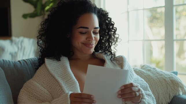 A woman reading a letter while relaxing on a couch, smiling in a cozy setting.
