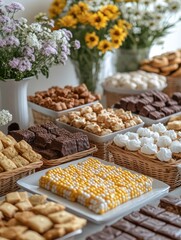 Fototapeta premium A Beautifully Arranged Display of Assorted Baked Goods and Sweet Treats Surrounded by Fresh Flowers in a Bright, Inviting Setting