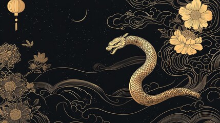 Gold dragon, flowers, waves, moon, lantern, Asian art.