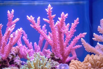 A colorful aquarium featuring various coral species