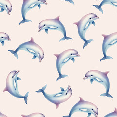 Fototapeta premium Seamless pattern of watercolor illustration of dolphins on cream background. Swimming dolphins