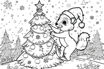 Fototapeta premium Cute Christmas coloring pages featuring animals in festive holiday setting