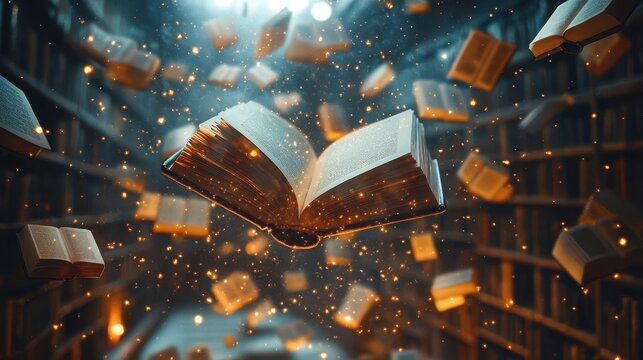 Whimsical concept of books floating mid-air with glowing pages and text