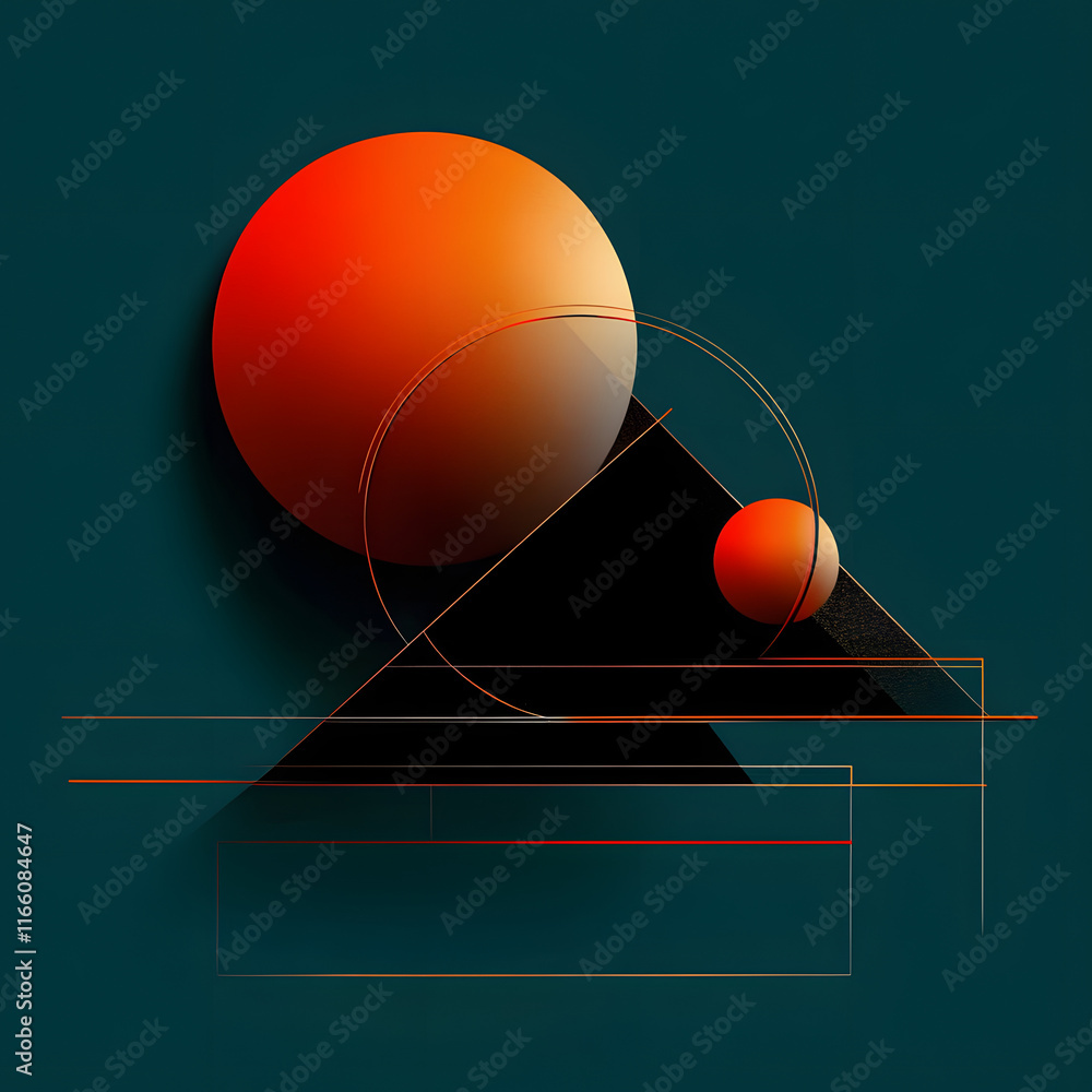 Poster geometric patterns with orange spheres and black triangle elements on dark background. generative ai