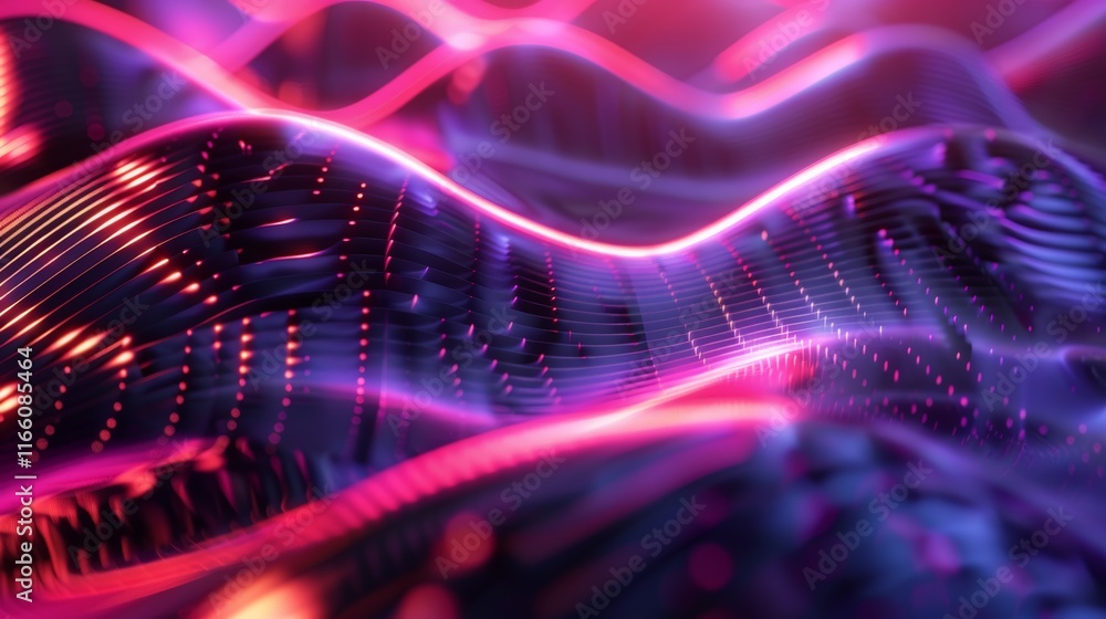 Aufkleber abstract pink and purple neon waves flowing across a dark grid, creating a futuristic and dynamic di