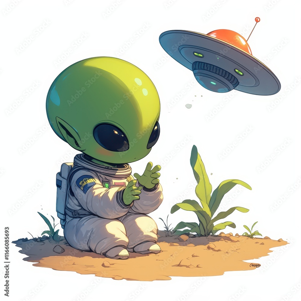 Poster a cute green alien in a spacesuit interacts with a hovering ufo.