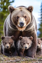 Fototapeta premium A mother bear tends to her three cubs in the forest