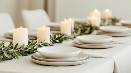 Neutral Thanksgiving table with muted cream highlights and delicate candlelight, style serene artistry
