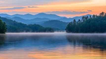 Fototapeta premium Serene sunrise over a tranquil lake nestled amidst majestic mountains, misty morning fog.