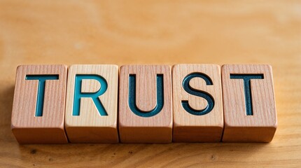 Wooden Blocks Spelling "Trust" on Wooden Background
