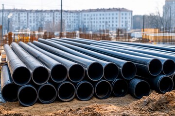 Construction site with stacked black pipes in a bustling urban development area