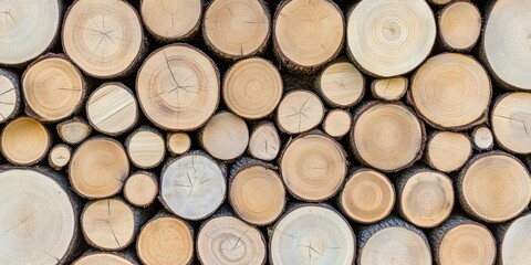wood logs, cross-sections, tree rings, stacked firewood, natural textures, circular patterns, forest resource, timber industry, warm tones, organic shapes, rustic background, close-up detail, woodgrai