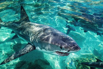 Fototapeta premium A great white shark swimming in clear blue water