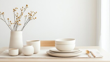 Thanksgiving table featuring muted cream tones and minimalistic pottery, focus modern rusticity