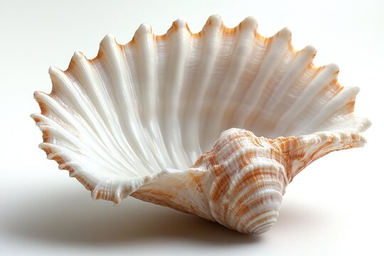 A single seashell sits on a white surface against a white background