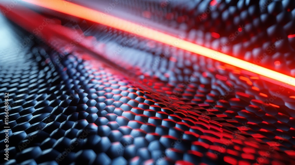 Aufkleber red laser beam moving fast over a modern hexagonal wavy surface, creating a futuristic and technolog