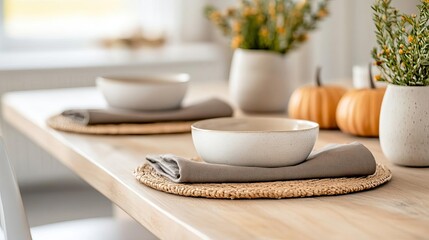 Thanksgiving table featuring subtle taupe napkins and earthy ceramic details, focus organic modernity