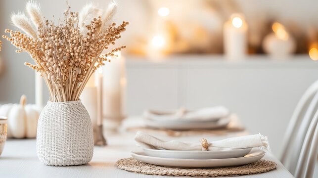 Thanksgiving table in a palette of pale beige, soft whites, and sandy tones, theme calming autumn