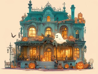 Obraz premium A spooky mansion adorned with pumpkins and a ghost, perfect for Halloween.