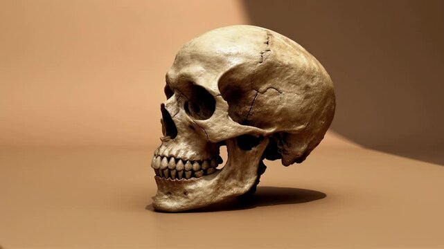 3D anatomical video of a Homo Sapiens human skull with a bone-covered surface of the brain