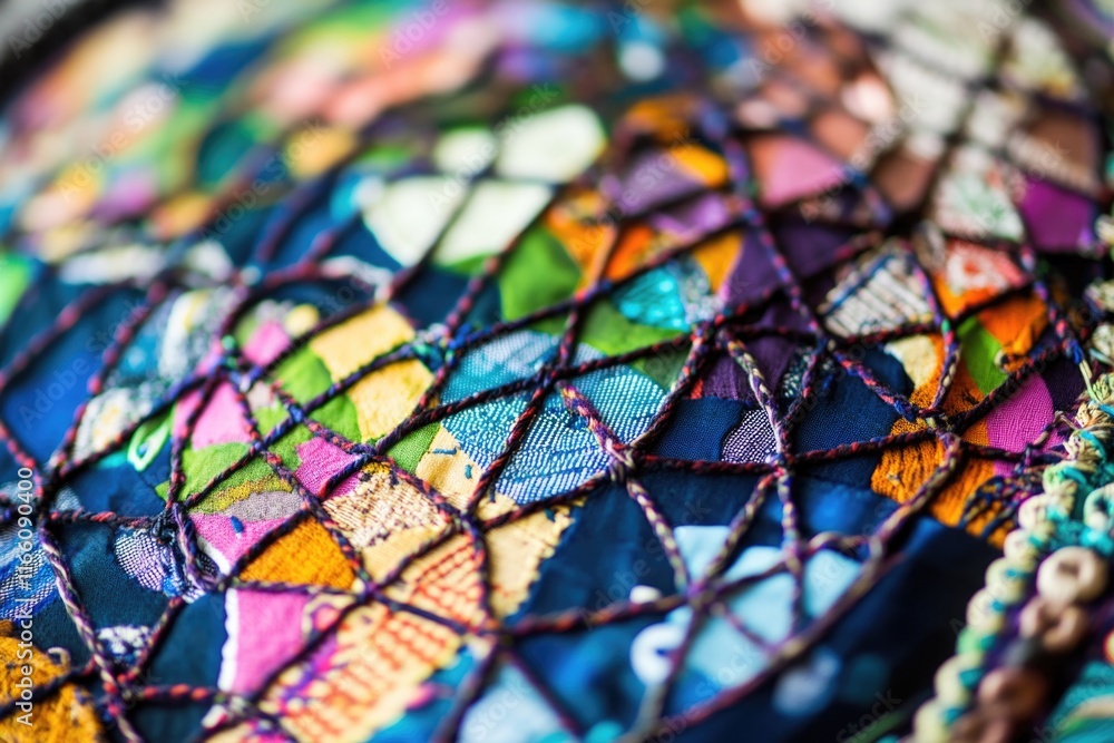 Poster a detailed view of a vibrant textile with intricate patterns and colors