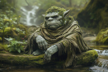 A mossy, ancient creature sits contemplatively by a forest stream, embodying nature's wisdom.