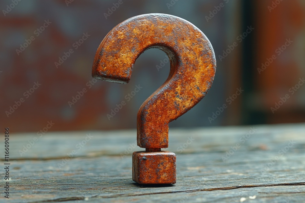 Poster a close-up of a rusty metal question mark sitting on a wooden table, perfect for use in designs wher