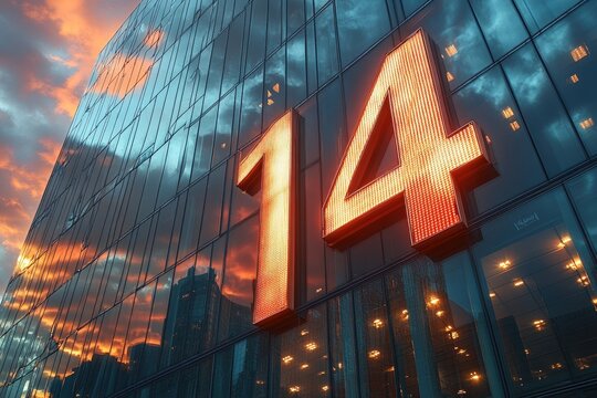 Illuminated number fourteen on glass building facade.