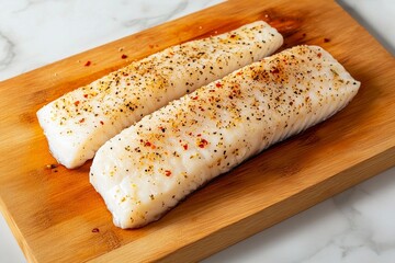 Deliciously seasoned fish fillets ready for grilling or baking on a wooden cutting board