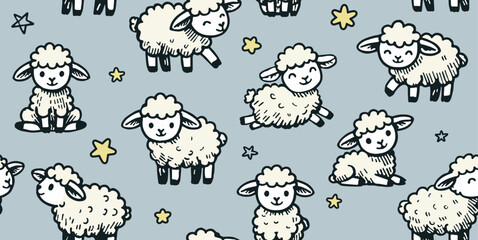 Children's drawing with sheep in pastel colors greeting card for newborns. Seamless animal background, cute vector texture for baby bedding, fabric, wallpaper, wrapping paper, textiles, T-shirt print