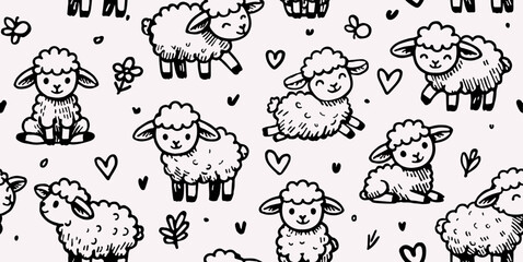 Children's monochrome drawing with sheep, greeting card for newborns. Seamless animal background, cute vector texture for baby bedding, fabric, wallpaper, wrapping paper, textiles, T-shirt print