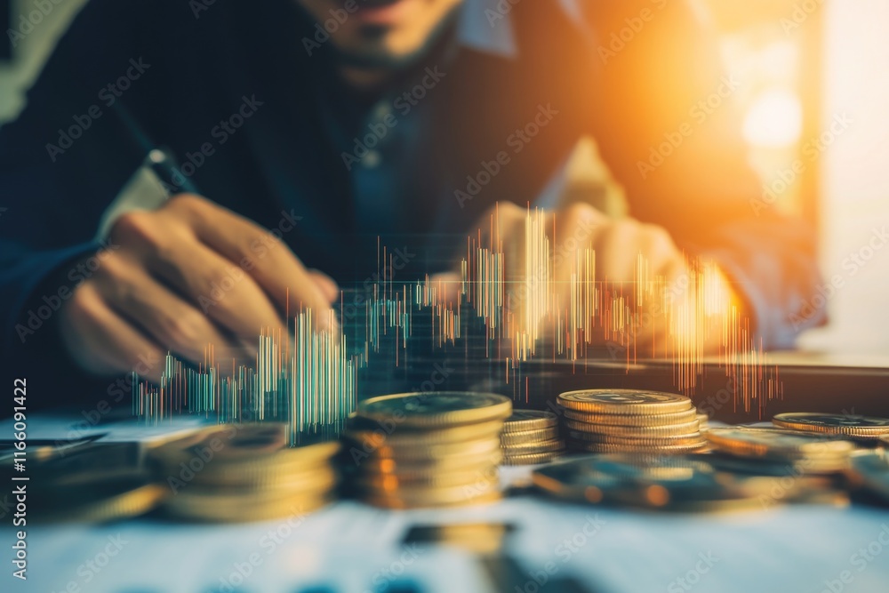Poster a person sitting at a table surrounded by piles of coins, likely counting or sorting them