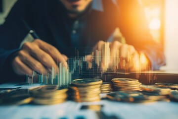 A person sitting at a table surrounded by piles of coins, likely counting or sorting them
