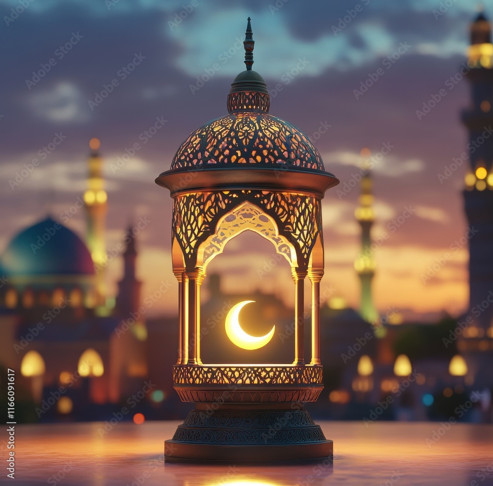 Poster captivating lantern with intricate patterns illuminating a crescent moon against a blurred cityscape
