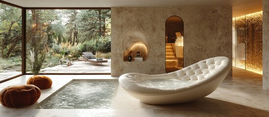 Modern indoor spa with a view of nature.