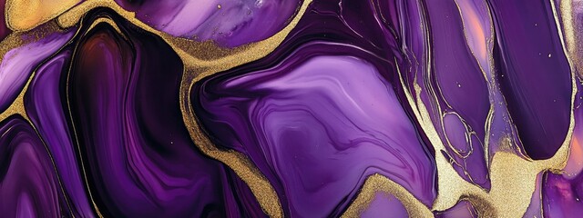 Abstract fluid art, swirling purple and gold, marble texture, liquid acrylic paint, flowing patterns, ethereal waves, cosmic nebula, rich royal colors, luxurious design, smooth gradients, metallic she