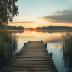 Fototapeta premium Wooden Dock Extending Into Calm Lake Sunrise