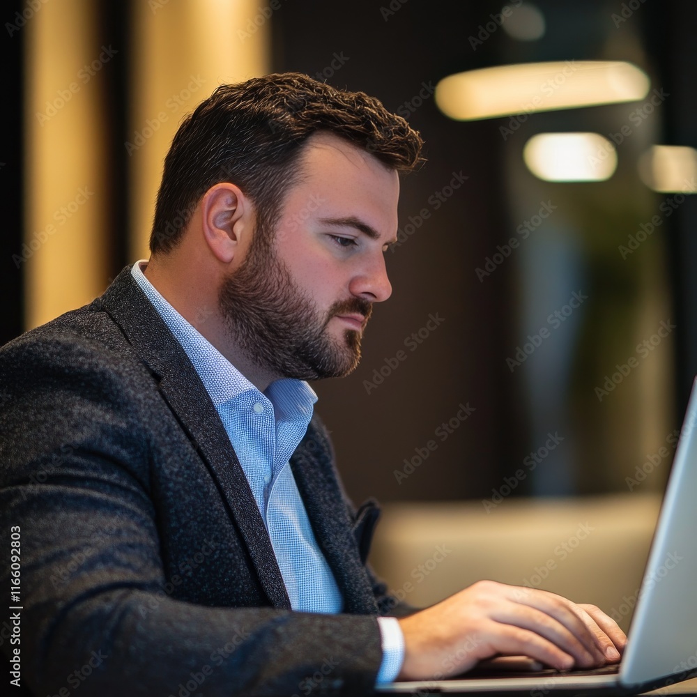Poster working on a laptop in an office, typing and trading on the stock market. using financial software a