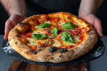 Fresh pizza on black board held by hands, melted cheese, herbs, close-up of vibrant toppings