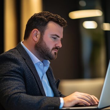 Working on a laptop in an office, typing and trading on the stock market. Using financial software and blockchain technology to communicate and do business online. 